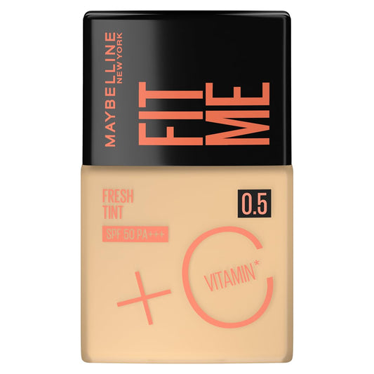 Maybelline Base de maquillaje Fit Me Fresh Tint 0.5, 30 ml, larga duración, alta cobertura, para todo tipo de piel, fórmula con Vitamina C y protector solar FPS50