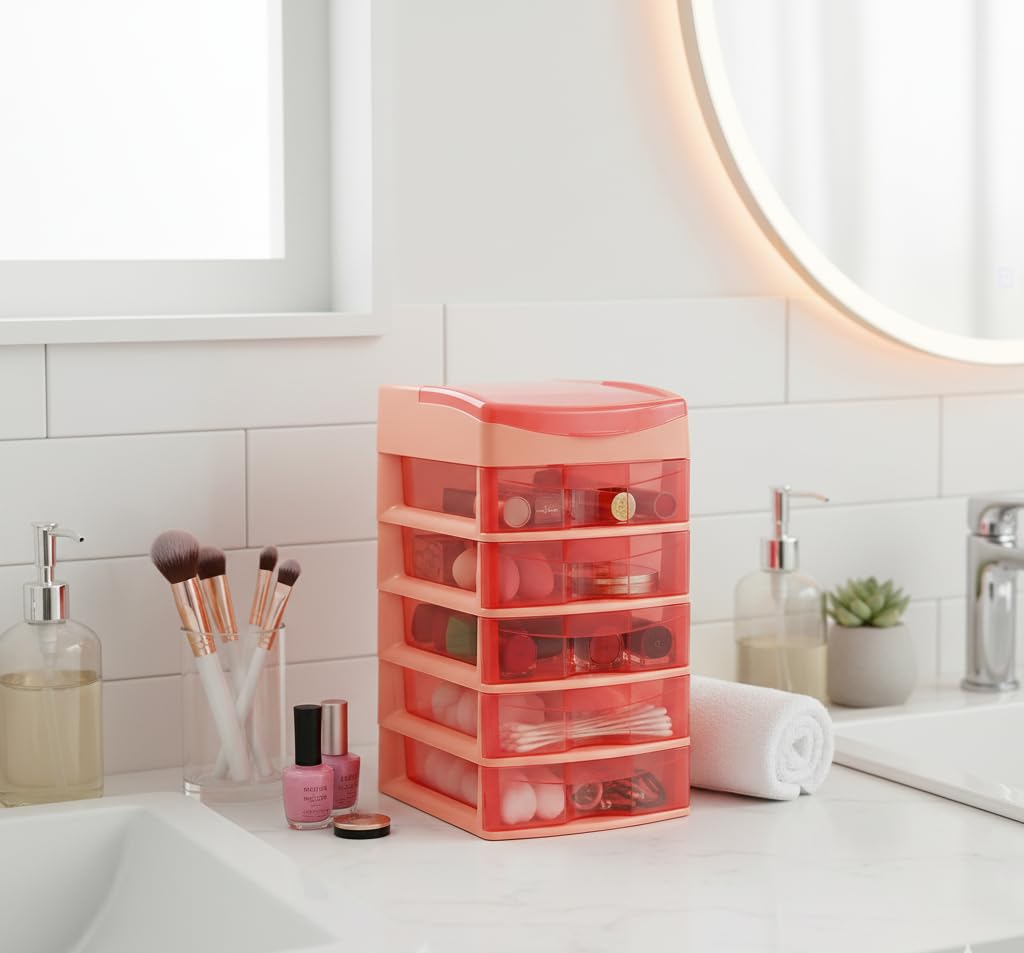 Italhome Cajonera de Plástico Sesia Salmon, Mini Organizador de Escritorio Multiusos con 5 Cajones Transparentes