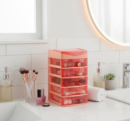 Italhome Cajonera de Plástico Sesia Salmon, Mini Organizador de Escritorio Multiusos con 5 Cajones Transparentes