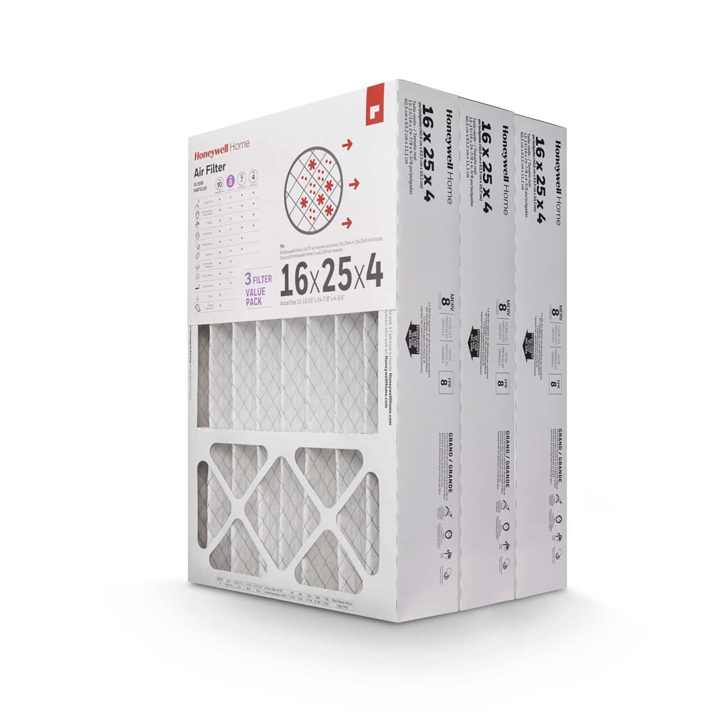 Honeywell Home 16x25x4 MERV 8, filtro de aire para horno de CA, paquete de 3 (CF408F1625-3PKAM) (dimensiones reales: 15.6 x 24.7 x 4.3 pulgadas)