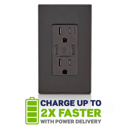 Leviton 006-T5635-00B Combinación Contacto Doble a Prueba de Manipulaciones y Contacto USB tipo C/C, Café
