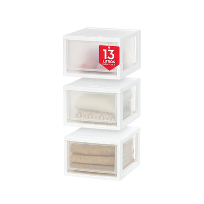 IRIS USA 13.7 L Cajón de Plástico Mediano, Paquete de 3, Organizadora Apilable con Cajón Deslizable para Dormitorio Debajo del Fregadero Despensa Cuarto de Manualidades Oficina, Blanco