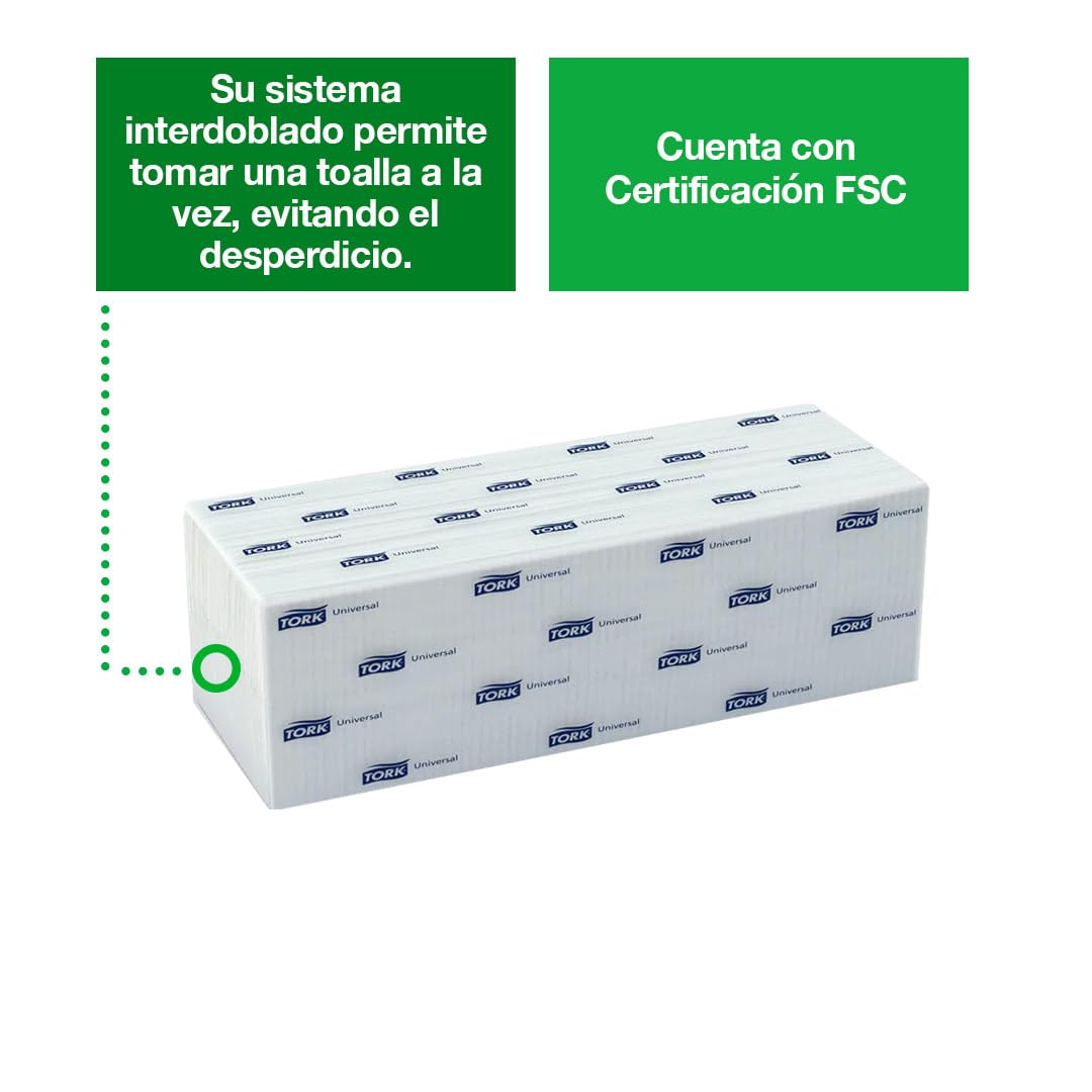 Tork Toalla Interdoblada Universal HD - Toallas de Papel 2 Capas para Secado de Manos con Fibras 100% Recicladas, 21 x 14 cm - Caja de 10 Paquetes con 200 Hojas - Color Blanco