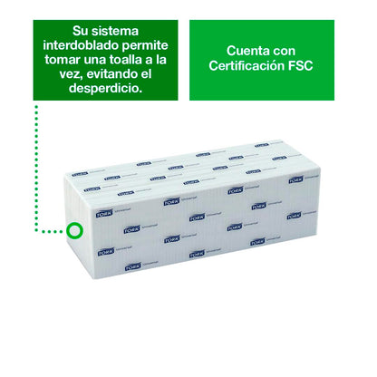 Tork Toalla Interdoblada Universal HD - Toallas de Papel 2 Capas para Secado de Manos con Fibras 100% Recicladas, 21 x 14 cm - Caja de 10 Paquetes con 200 Hojas - Color Blanco
