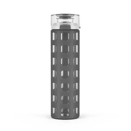 Ello Syndicate - Botella de agua de vidrio con tapa abatible de un solo toque y funda protectora de silicona y bucle de transporte, sin BPA, apta para lavaplatos, 20 onzas