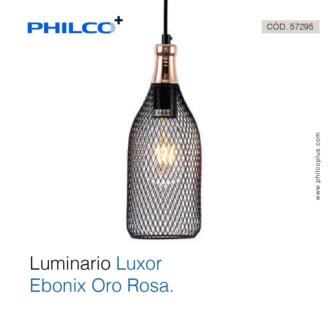 Philco Luminario Luxor Ebonix Oro Rosa. Cuerpo de metal negro y canope en oro rosa para suspender, base E26, acabado en cromo birllante, exclusivo para interiores. Cable de suspensión de 1 metro