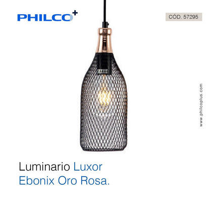 Philco Luminario Luxor Ebonix Oro Rosa. Cuerpo de metal negro y canope en oro rosa para suspender, base E26, acabado en cromo birllante, exclusivo para interiores. Cable de suspensión de 1 metro