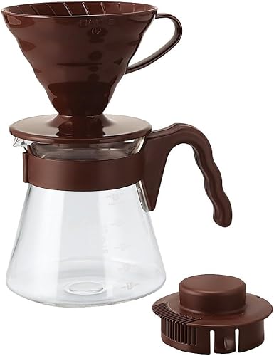 Hario V60 Pour Over Starter Set with Dripper, Glass Server, Scoop and Filters, Size 02, Brown
