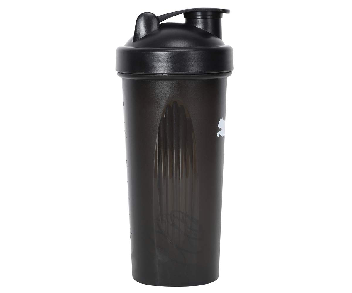 PUMA Botella Shaker, Termo Deportivo con Mezclador de Metal para Proteínas Boquilla Mediana Antiderrame con Área Rugosa para mejor Agarre Color Negro con Secciones Transparentes