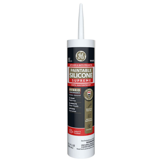 GE Supreme - Calafatín de silicona pintable para cocina y baño, blanco, cartucho de 10 fl oz, 1 paquete - Sellador de silicona 100% impermeable, 7 veces más fuerte, a prueba de encogimiento y grietas
