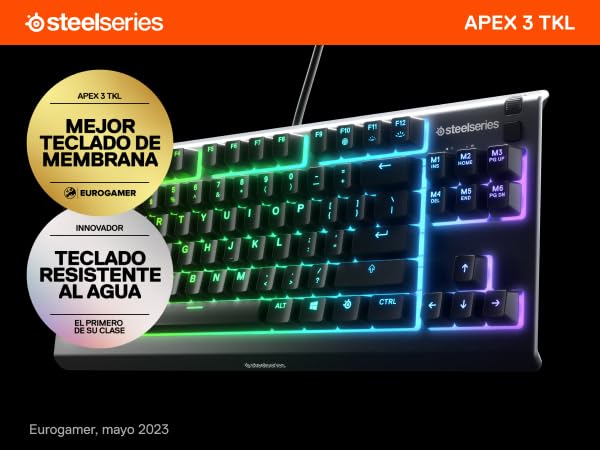 SteelSeries Apex 3 RGB Teclado para Juegos – Iluminación RGB de 10 Zonas – Resistente al Agua IP32 – Reposamuñecas magnético Premium (Interruptor silencioso para Juegos) – SP (español)