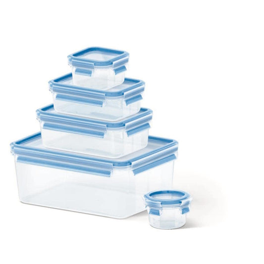 T-fal Set K3029012 de 5 piezas de contenedores herméticos, Master Seal Fresh, libres de BPA, para conservar tus alimentos en óptimas condiciones, Transparente/Azul, Chico