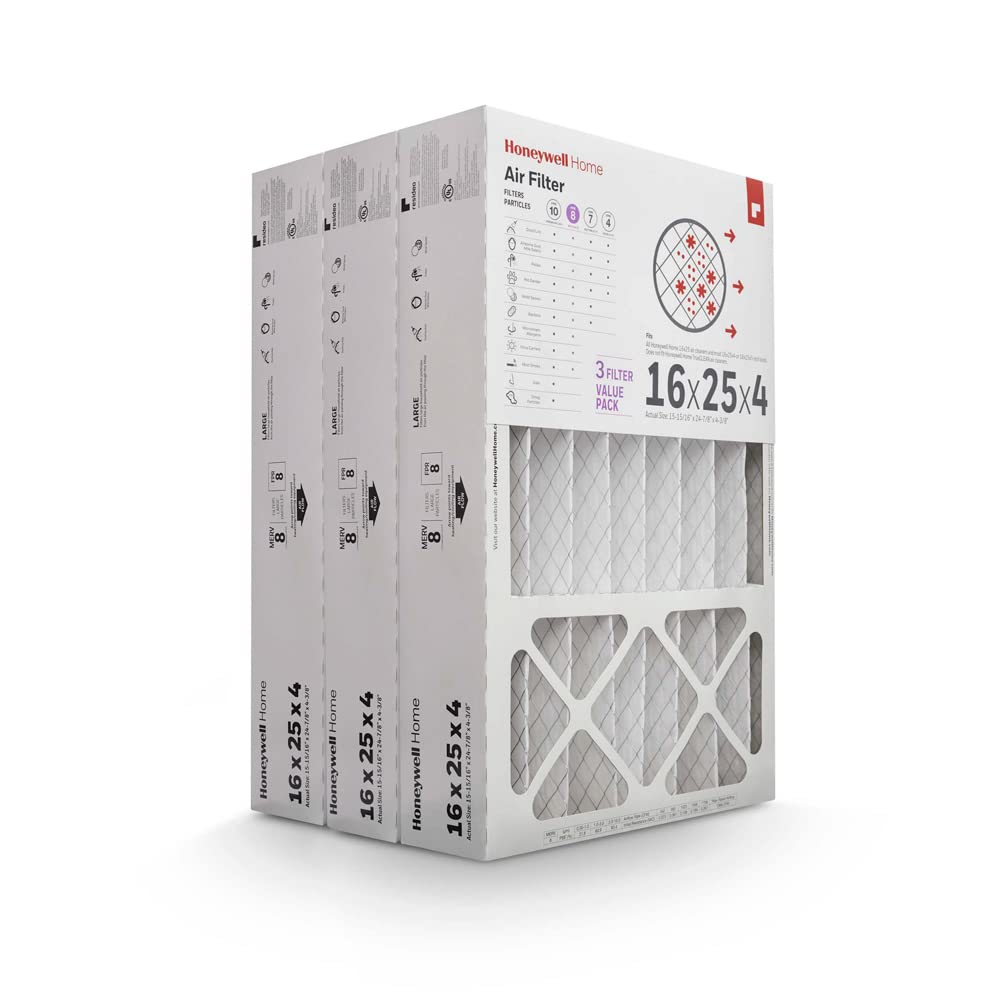 Honeywell Home 16x25x4 MERV 8, filtro de aire para horno de CA, paquete de 3 (CF408F1625-3PKAM) (dimensiones reales: 15.6 x 24.7 x 4.3 pulgadas)