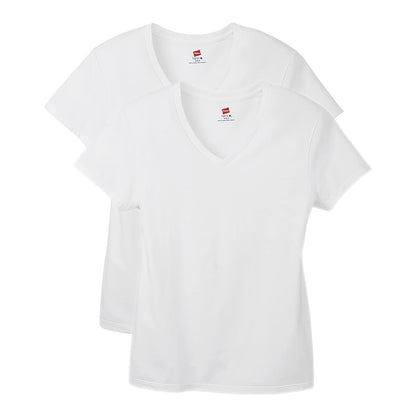 Hanes Playera Cuello en V para Mujer, 100% Algodón - Blanco - 2 paquetes - XXL