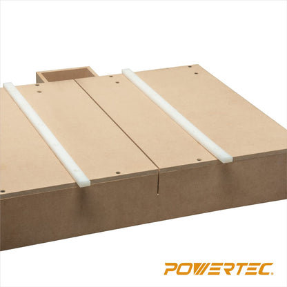 POWERTEC - Kit de sierra de mesa con riel en T de 12 pulgadas, barra de inglete de polietileno de alta densidad de 19 pulgadas, juego de perillas, pernos y tornillos para trineo de corte transversal