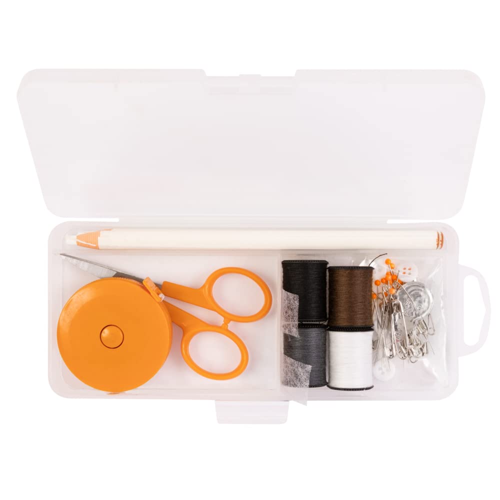 Fiskars - Kit de costura con tijeras, cinta medidora, alfileres, hilo y más, juego de 62 piezas con funda, suministros para manualidades, transparente