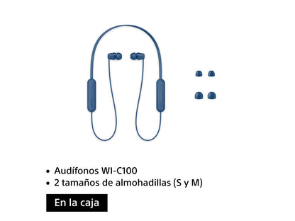 Sony WI-C100 - Audífonos inalámbricos intraauriculares con Banda para el Cuello y micrófono para Llamadas con Manos Libres, Azul, WIC100/L (Versión Nacional)