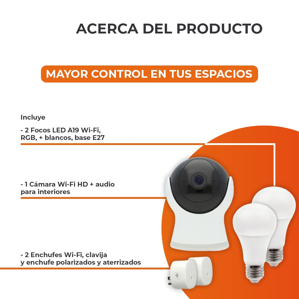 Tecnolite Connect - Kit de Control Básico que Contiene 1 Cámara de Monitoreo Interior, 2 Focos LED Inteligentes, 2 Enchufes Inteligentes, Todos en Color Blanco Compatible con App. Iluminación Interior