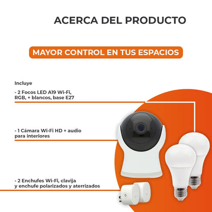 Tecnolite Connect - Kit de Control Básico que Contiene 1 Cámara de Monitoreo Interior, 2 Focos LED Inteligentes, 2 Enchufes Inteligentes, Todos en Color Blanco Compatible con App. Iluminación Interior
