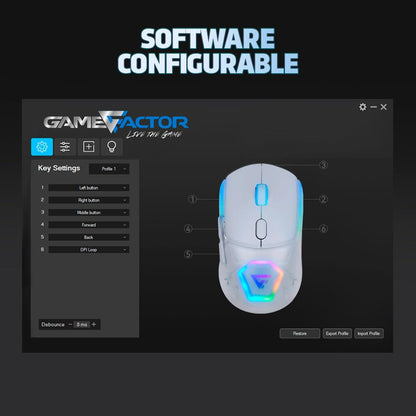 GAME FACTOR MOW700-WH Mouse Gamer Inalámbrico - Sensor Pixart 3395, 26000 dpi, RGB, Bluetooth/2.4GHz, 3 Carcasas, Batería 600mAh, 20M Clics, Ideal para PC Gaming Color Blanco
