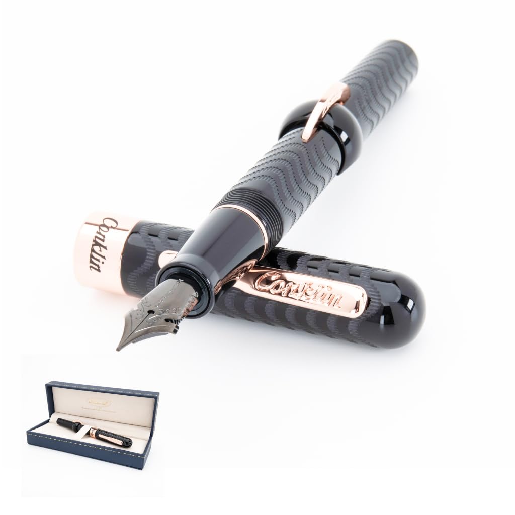 Conklin Mark Twain Crescent - Pluma estilográfica de relleno - Black Chase con ribete de oro rosa de 18 quilates, punta flexible