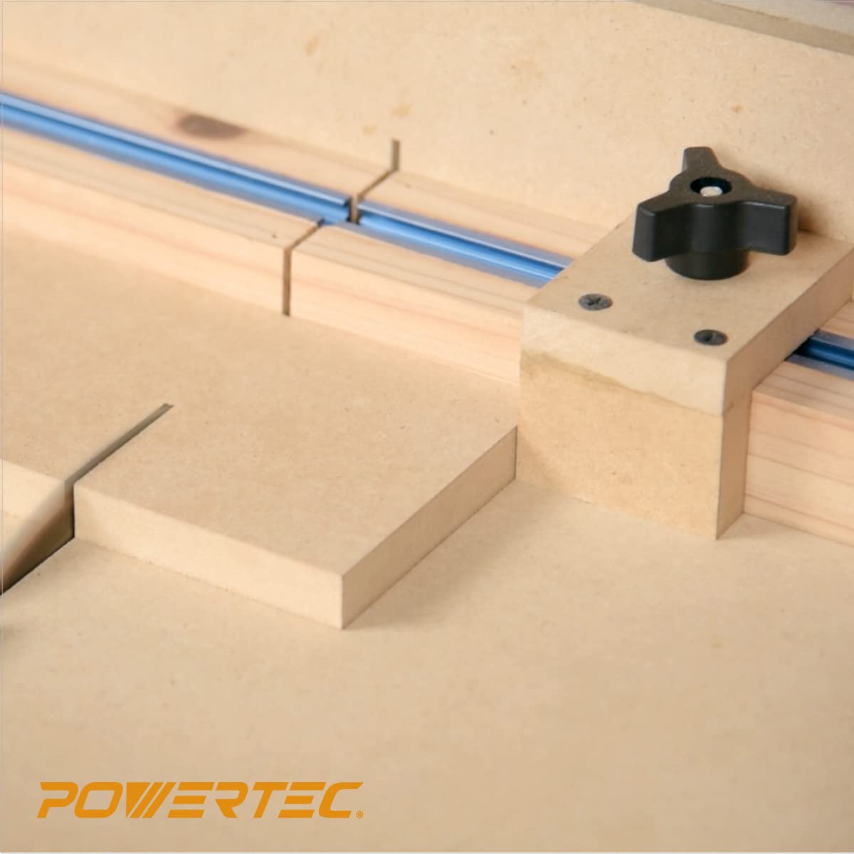 POWERTEC - Kit de sierra de mesa con riel en T de 12 pulgadas, barra de inglete de polietileno de alta densidad de 19 pulgadas, juego de perillas, pernos y tornillos para trineo de corte transversal