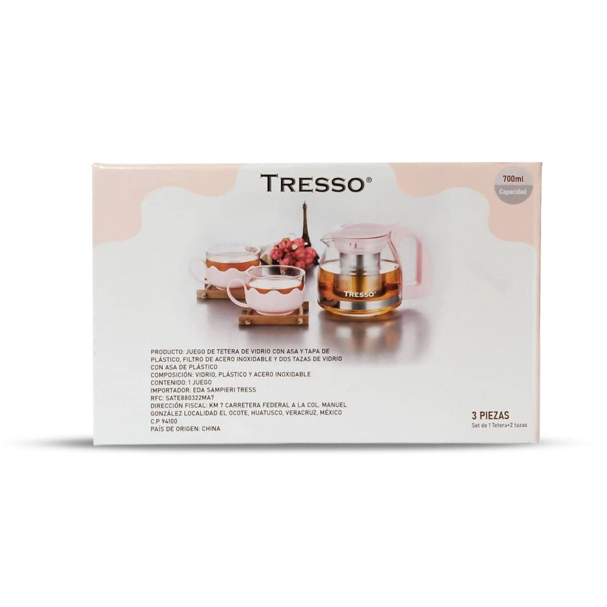 TRESSO Set de tetera de cristal de 700ml con 2 tazas de 150ml cada una, Color Rosa