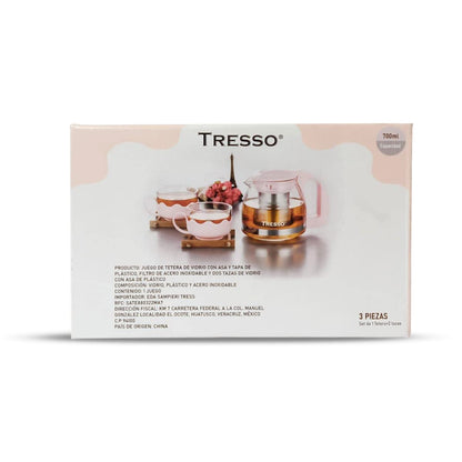 TRESSO Set de tetera de cristal de 700ml con 2 tazas de 150ml cada una, Color Rosa