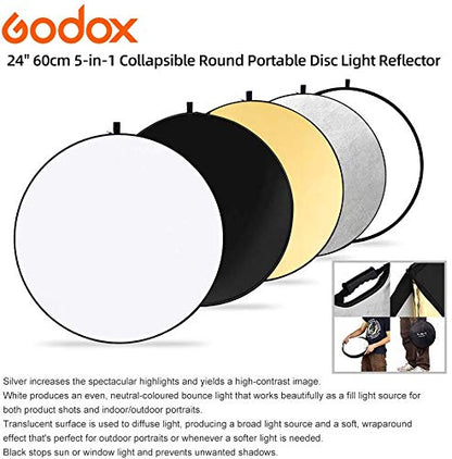 GODOX Reflector de luz de Disco portátil Redondo Plegable 5 en 1 de 60 cm con Bolsa para Estudio y fotografía, Dorado, Plateado, Negro, Blanco, translúcido