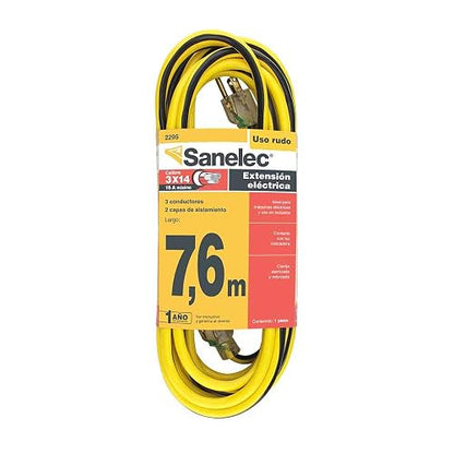SANELEC, Extensión Eléctrica, Uso Rudo, Corriente 15 A, Calibre 14 AWG, 7 metros, Color Amarillo y Negro, Modelo 2295