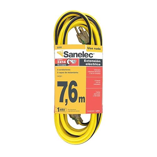 SANELEC, Extensión Eléctrica, Uso Rudo, Corriente 15 A, Calibre 14 AWG, 7 metros, Color Amarillo y Negro, Modelo 2295
