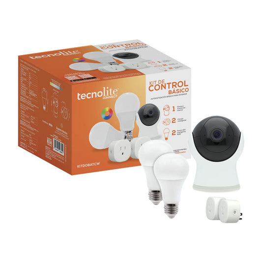 Tecnolite Connect - Kit de Control Básico que Contiene 1 Cámara de Monitoreo Interior, 2 Focos LED Inteligentes, 2 Enchufes Inteligentes, Todos en Color Blanco Compatible con App. Iluminación Interior