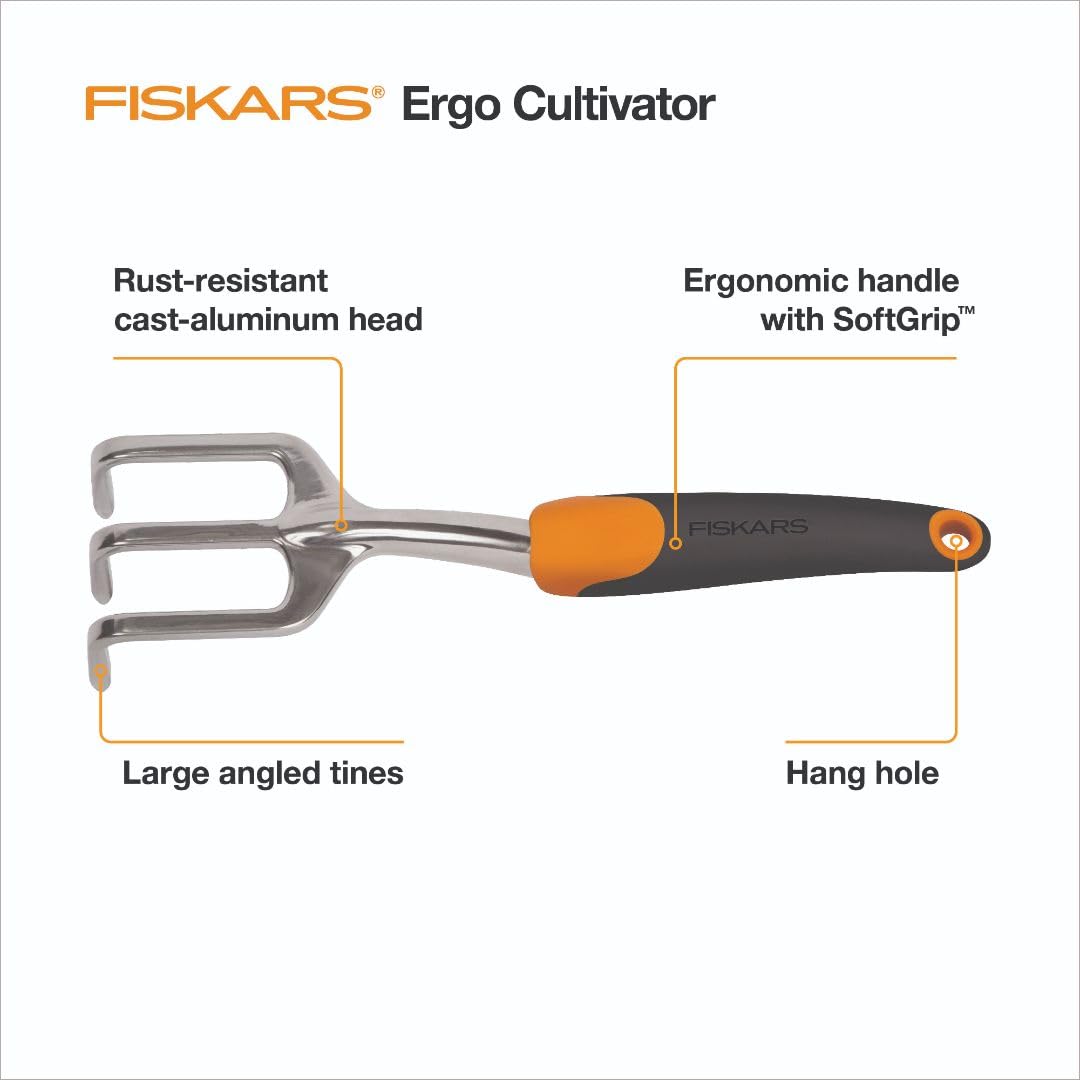 Fiskars Ergo Cultivador para excavar, airear piso y deshierbe, herramienta de jardín resistente con agujero para colgar