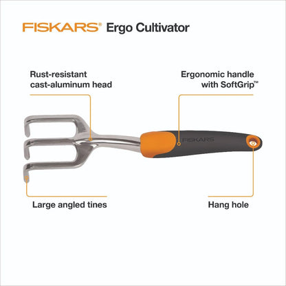 Fiskars Ergo Cultivador para excavar, airear piso y deshierbe, herramienta de jardín resistente con agujero para colgar