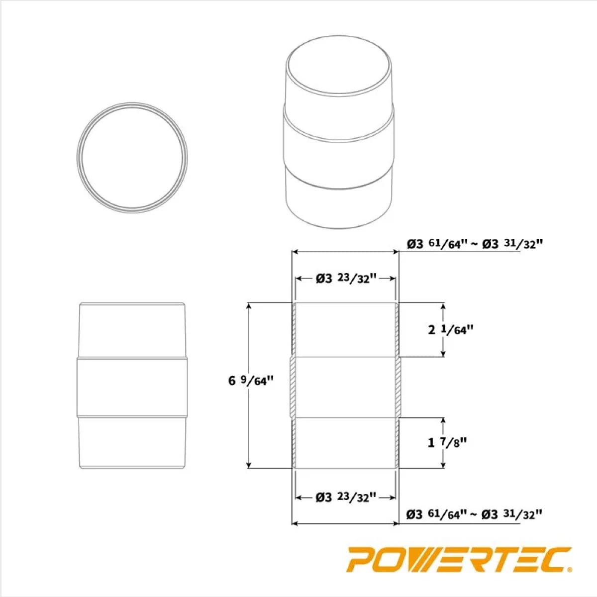 POWERTEC Conector De Manguera Antipolvo 4 Pulgadas | Con Adaptador De Empalme Rapido, Plastico ABS Premium