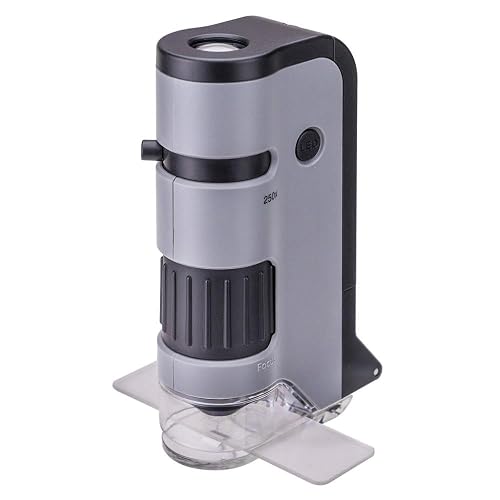 Carson Microflip 100X-250x - Microscopio de Bolsillo con Luz LED y UV, Base Deslizante Abatible y Clip de Digitalización para Smartphone (MP-250 o MP-250MU), Paquete Individual, Gris, una Talla