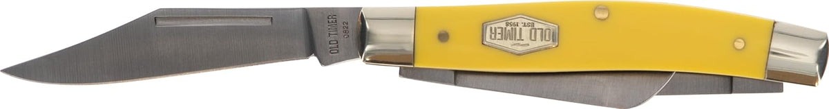 Old Timer 8OTY Yellow Senior 6.9in S.S. Traditional Pocket Knife with 3in Clip Point, Sheepsfoot, Spey Blade and Sawcut Handle for Hunting, Camping and EDC, Multicolor