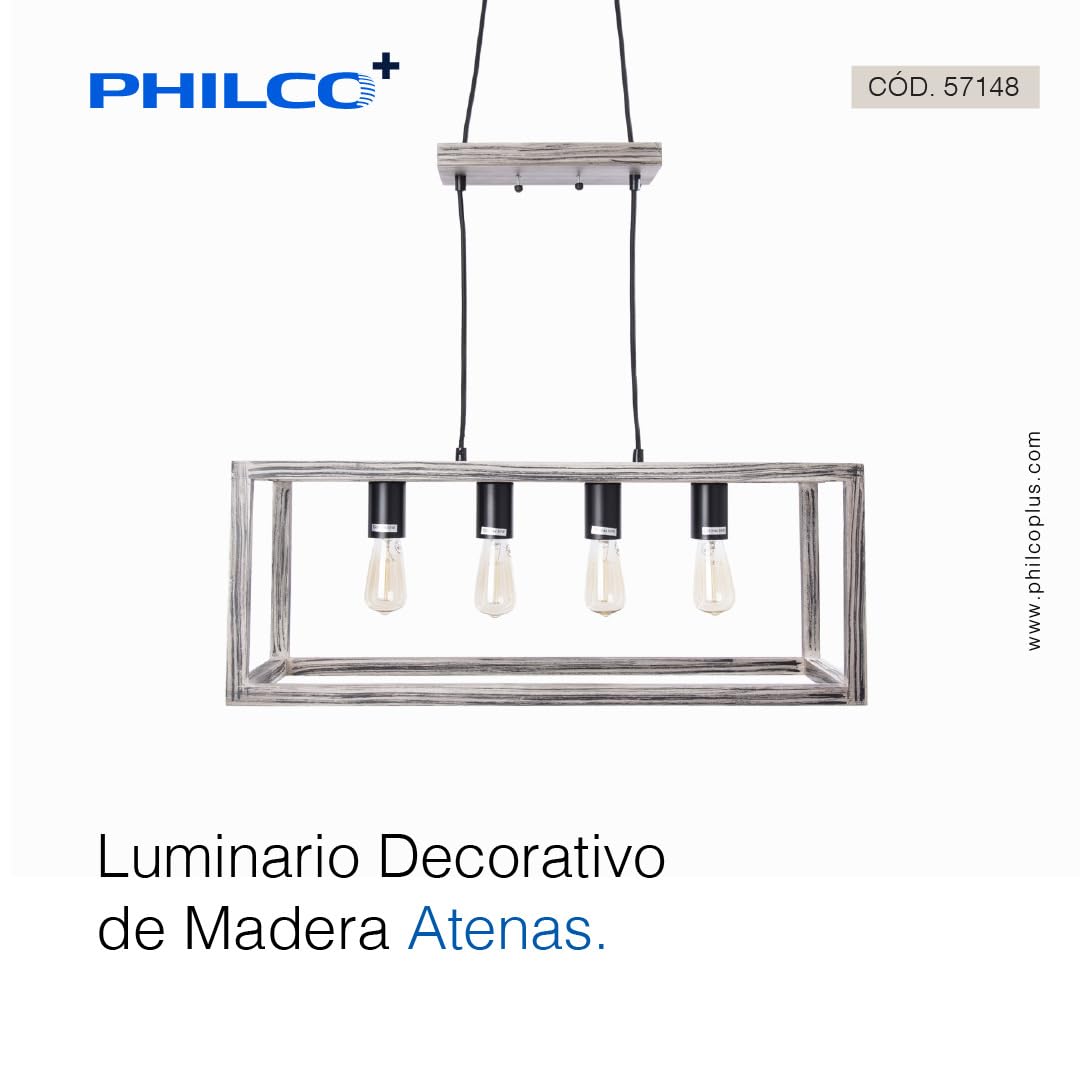 Philco Luminario Decorativo de Madera Atenas. 4 bases E26, base de suspensión de madera, terminado en color negro, diselo único que transmite calidez
