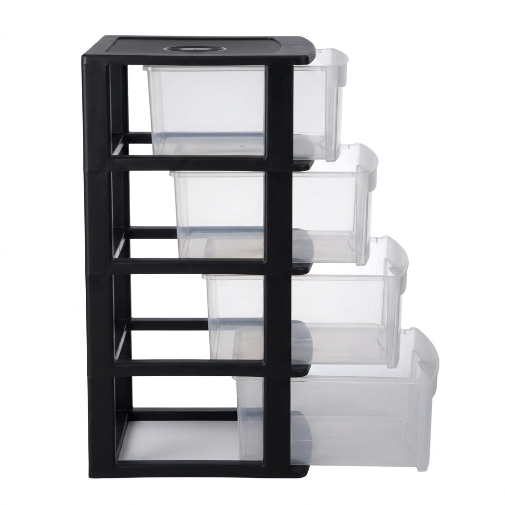 Italhome Cajonera ONYX 4 de Plástico Negra con 4 Cajones Transparentes, Organizador Multiusos para Recámara, Oficina o Cocina