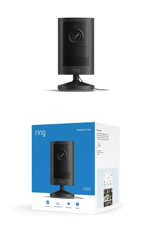 Cámara para exteriores con enchufe Ring (última generación), seguridad para hogar o negocio, video Retinal 2K gran angular, zoom mejorado 6x, visión nocturna de colores realistas con poca luz, negro