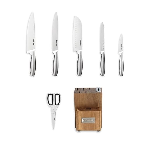Cuisinart Bloque de madera Cuchillos 7 pzs Acero Inoxidable Afilador | Bloque de cuchillos 7 pzs con bloque con afilador incorporado y tijeras,Cuchillos con acabado satinado y mate