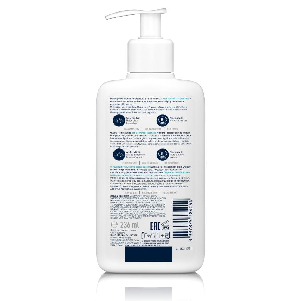 CeraVe Gel Limpiador Control Imperfecciones Para Piel Acnéica 236 ml | Con niacinamida y 3 ceramidas esenciales. Ideal para piel grasa con tendencia al acné, uso diario mañana y noche.