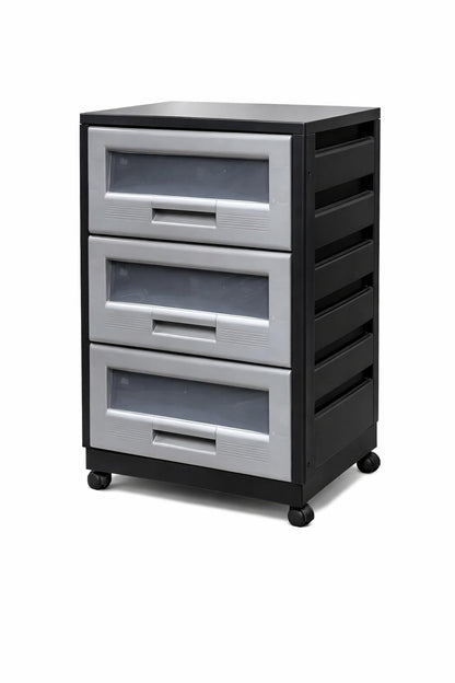 Italhome Mueble De Plástico En Color Negro Gris Con 3 Cajones, Cajonera Organizador Multiusos Con Ruedas Piave