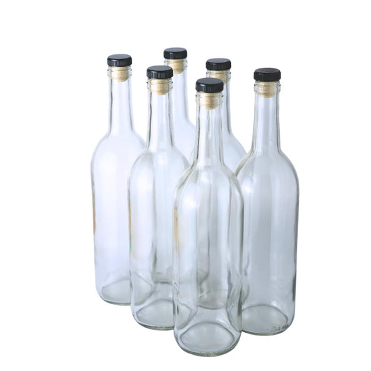 FastRack - Botellas de vino transparentes de 750 ml con 6 corchos de coñac con tapas de plástico (paquete de 6) botellas de color burdeo/parte superior de corcho de fondo plano | Ideal para