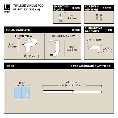 Umbra Twilight Cortinero Sencillo para Cortinas Blackout y Oscurecer Habitación, 122-224 cm, Incluye Accesorios de Instalación, Plateado