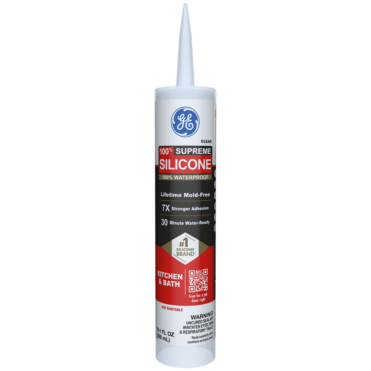 GE Supreme - Calafateo de silicona para cocina y baño, transparente, cartucho de 10 fl oz, 1 paquete - Sellador de silicona 100% impermeable, 7 veces más fuerte, a prueba de encogimiento y grietas