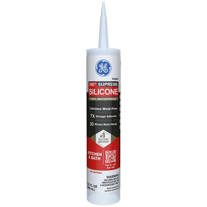 GE Supreme - Calafateo de silicona para cocina y baño, transparente, cartucho de 10 fl oz, 1 paquete - Sellador de silicona 100% impermeable, 7 veces más fuerte, a prueba de encogimiento y grietas