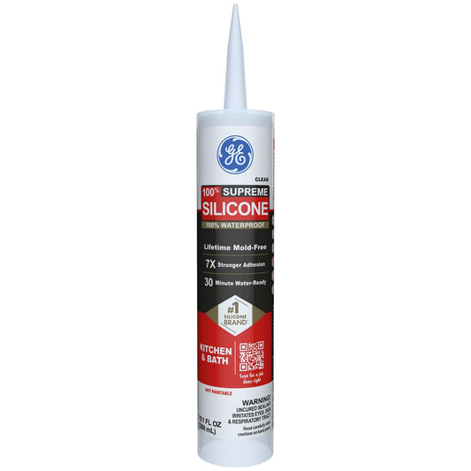 GE Supreme - Calafateo de silicona para cocina y baño, transparente, cartucho de 10 fl oz, 1 paquete - Sellador de silicona 100% impermeable, 7 veces más fuerte, a prueba de encogimiento y grietas