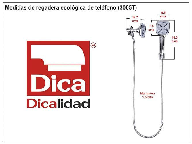 DICA 3005T Regadera de Teléfono, Ducha de Baño, Regadera Moderna tipo Lluvia, Acabado Cromo
