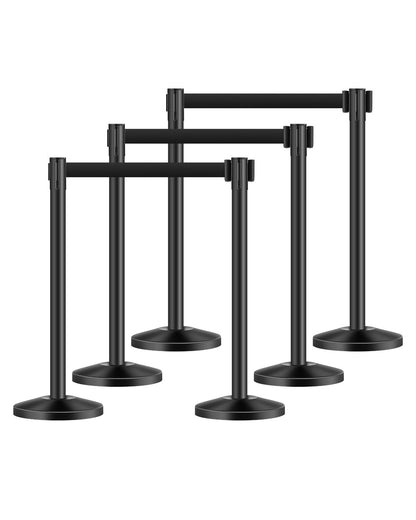 VEVOR 6 PCS Poste de Estaca de Acero al Carbono de 2 m con Base Hueca de Inyección de Arena y 6 Cinturones Retráctiles Negros, Barreras de Control de Multitudes para Teatro, Fiesta, Boda, Negro